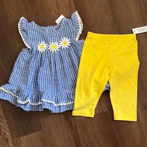 NWT 2 piece summer outfit Sunflowers blue and white stripes yellow pull on pants